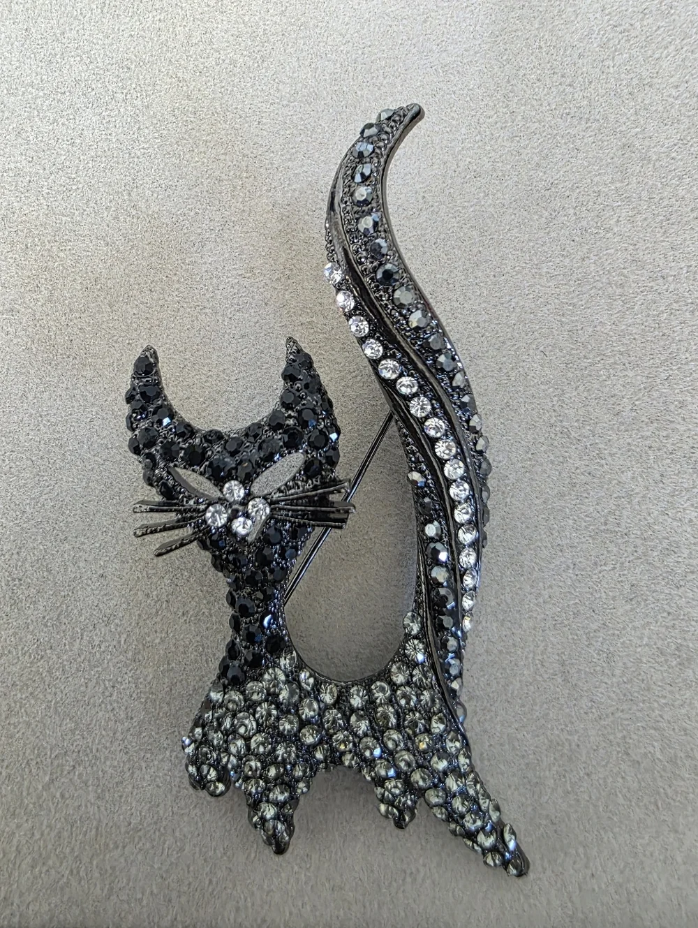 Mod Silver Gunmetal with Black and Clear Crystals Kitty Cat Brooch Pin